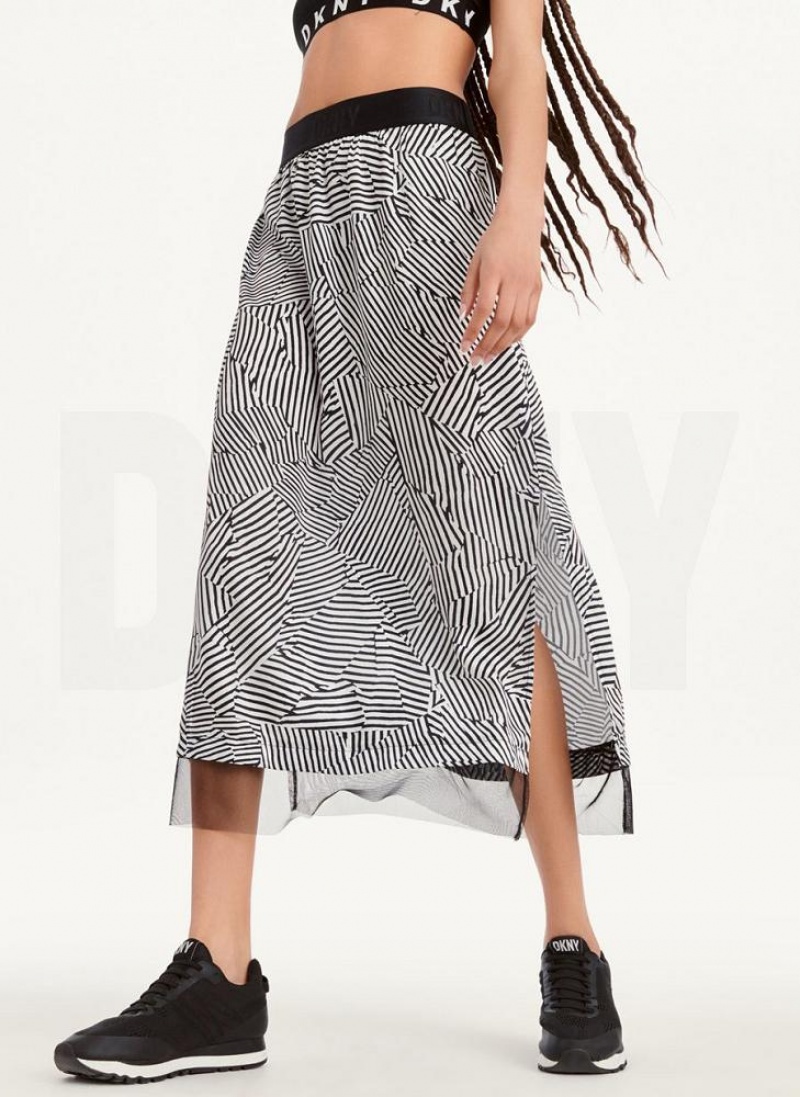 Black White Women's DKNY Printed Pull On With Tulle Hem Skirts | Australia-D1488