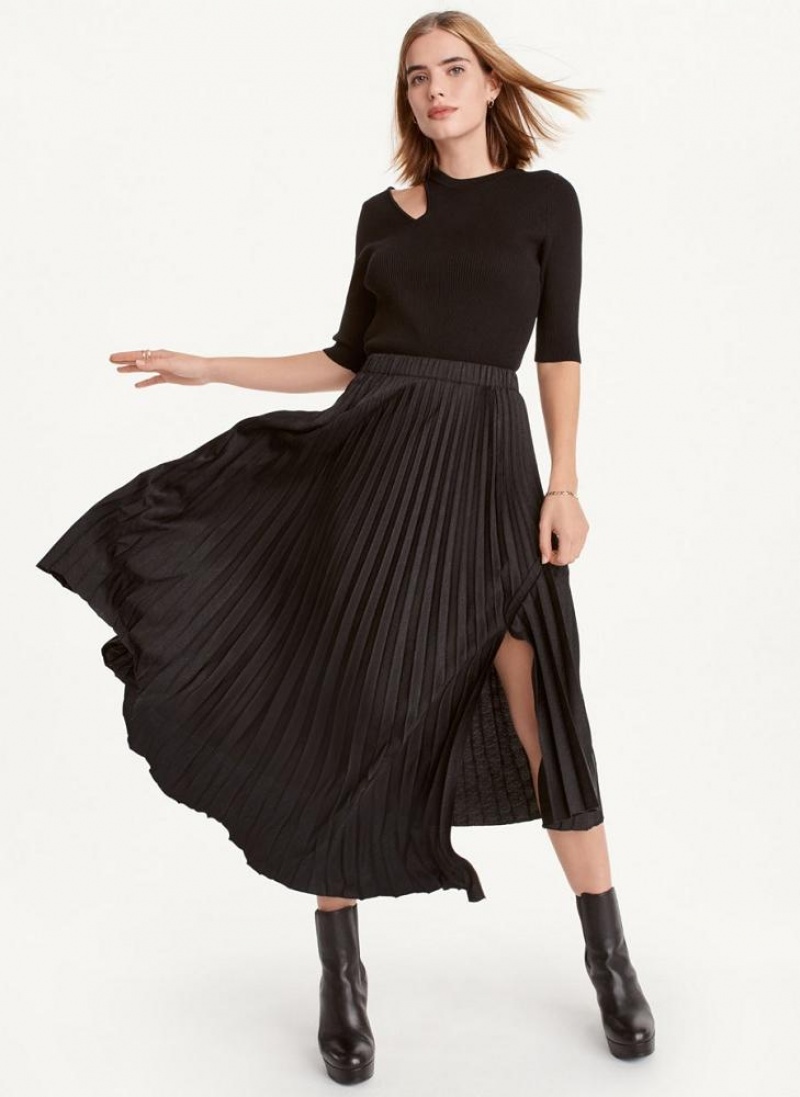 Black Women's DKNY Asymmetrical Hem Pleated Maxi Skirts | Australia-D1231