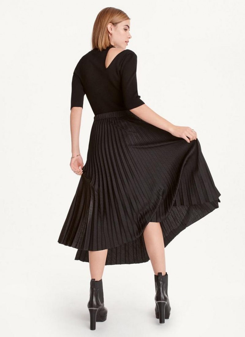 Black Women's DKNY Asymmetrical Hem Pleated Maxi Skirts | Australia-D1231