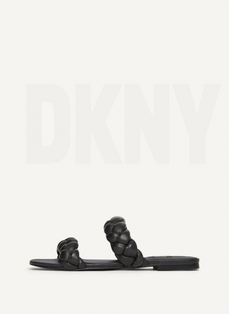 Black Women\'s DKNY Braided Double Strap Slides | Australia-D0733