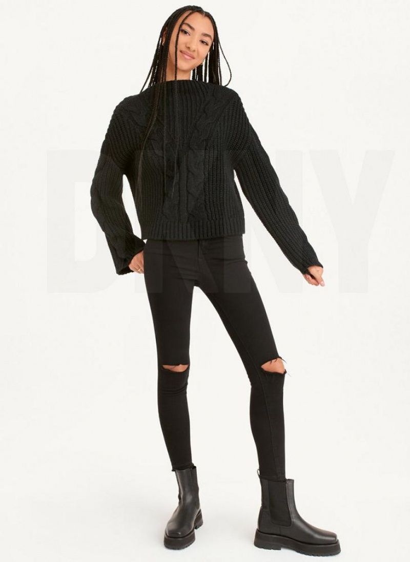 Black Women's DKNY Cable Knit Sweaters | Australia-D0170