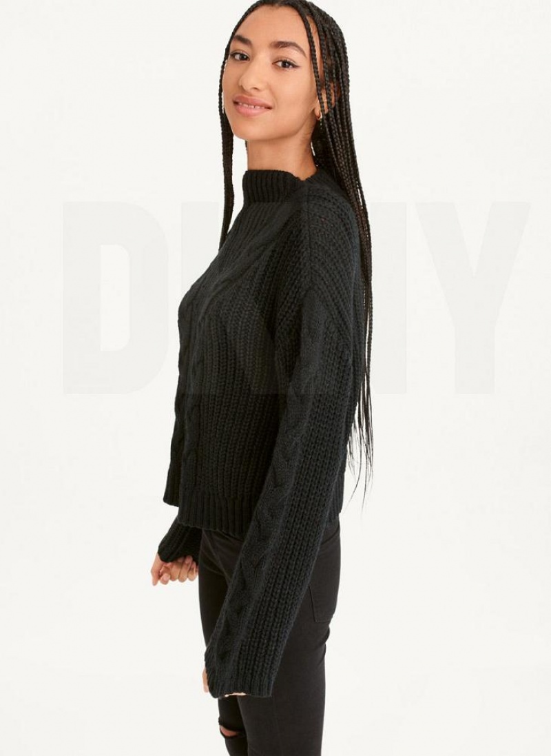 Black Women's DKNY Cable Knit Sweaters | Australia-D0170