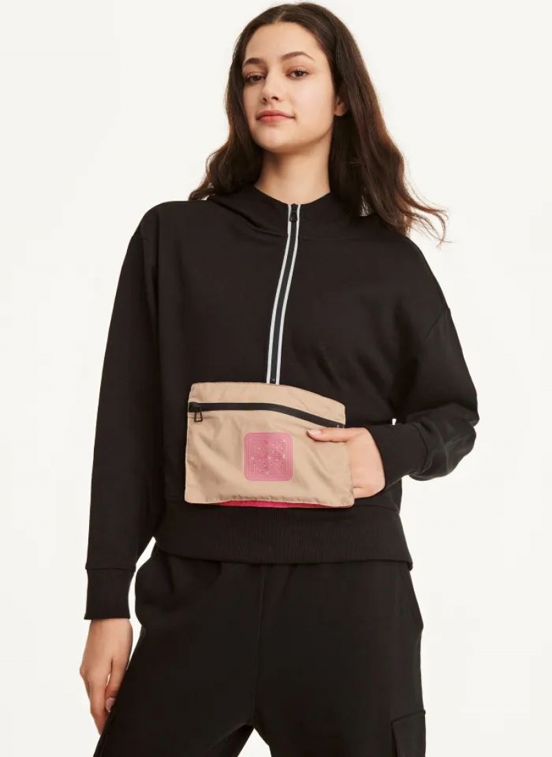 Black Women\'s DKNY Cotton French Terrywith Bag Kangaroo Pocket Hoodies | Australia-D1205