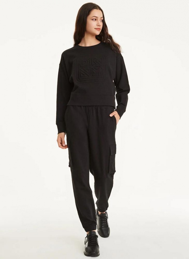 Black Women's DKNY Cotton Jersey Crew With Logo Embossing Sweatshirts | Australia-D1826
