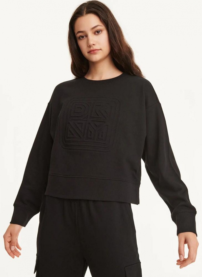 Black Women\'s DKNY Cotton Jersey Crew With Logo Embossing Sweatshirts | Australia-D1826