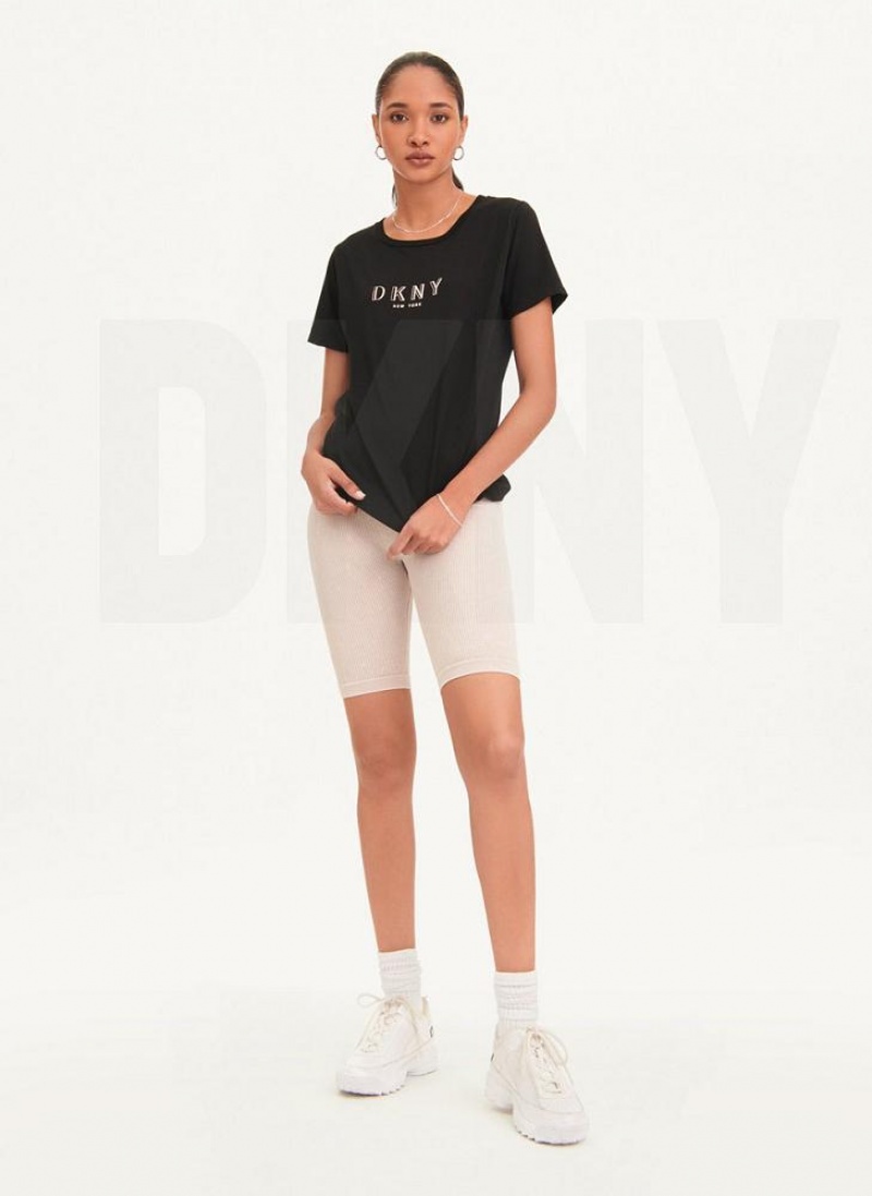 Black Women's DKNY Crinkle Foil Spec Logo T Shirts | Australia-D0481