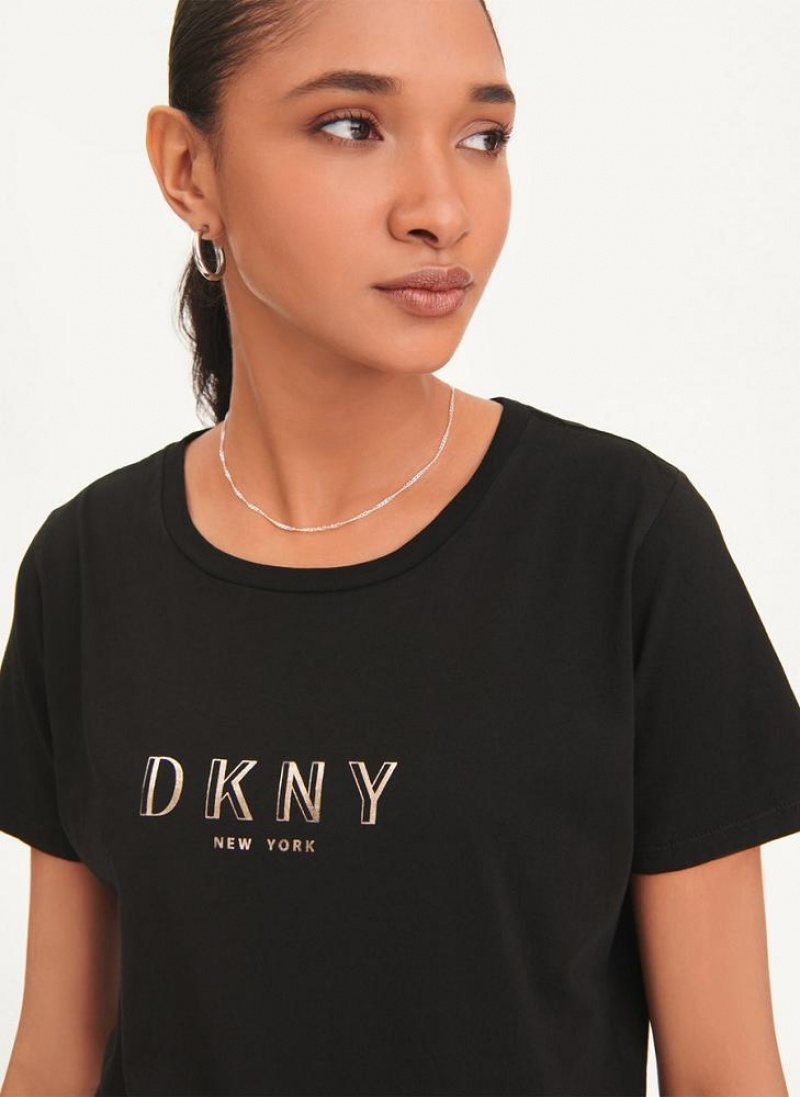 Black Women's DKNY Crinkle Foil Spec Logo T Shirts | Australia-D0481