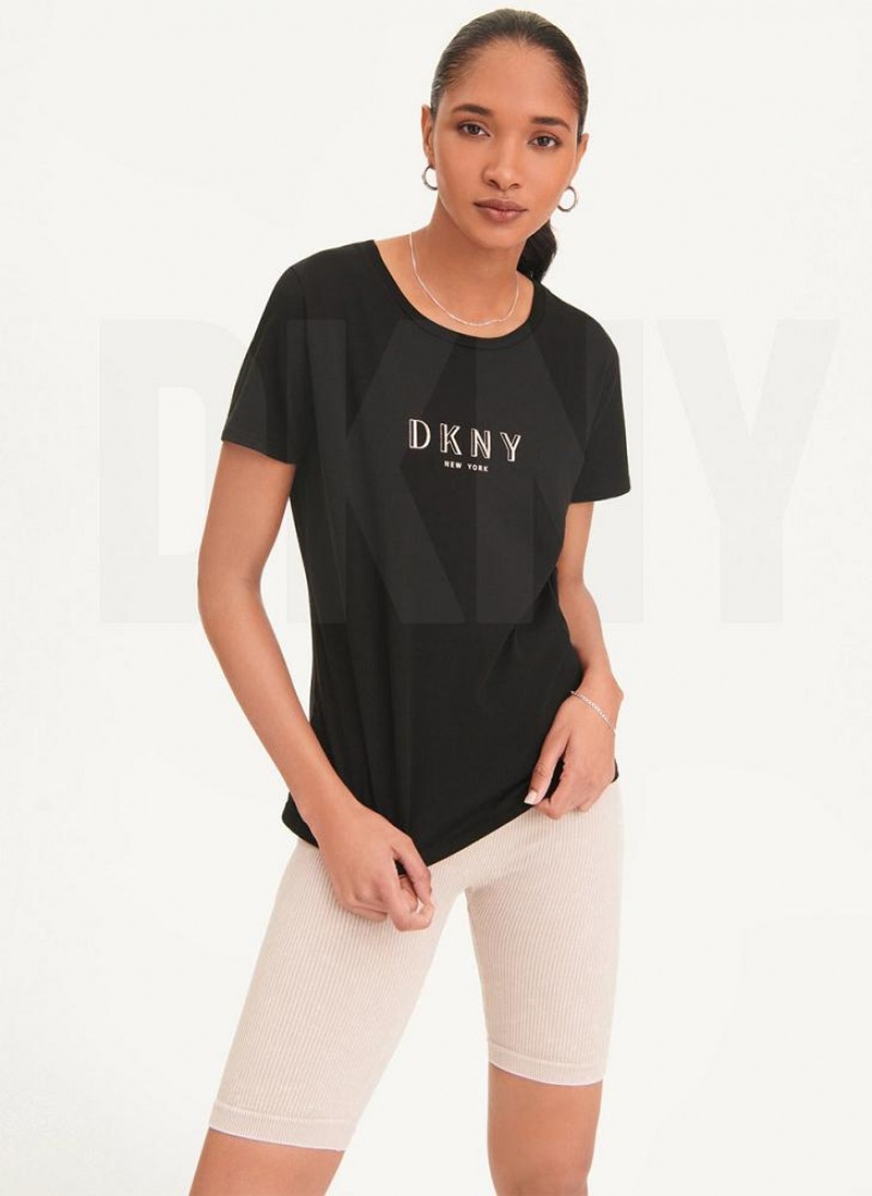 Black Women\'s DKNY Crinkle Foil Spec Logo T Shirts | Australia-D0481