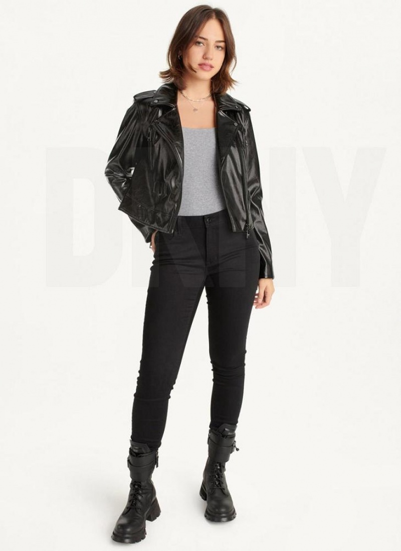 Black Women's DKNY Crinkle Moto Jackets | Australia-D0529