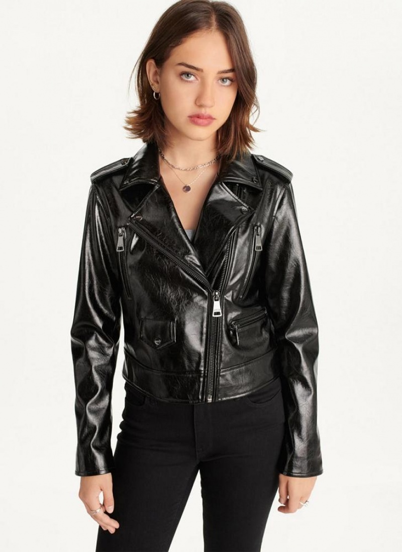 Black Women\'s DKNY Crinkle Moto Jackets | Australia-D0529