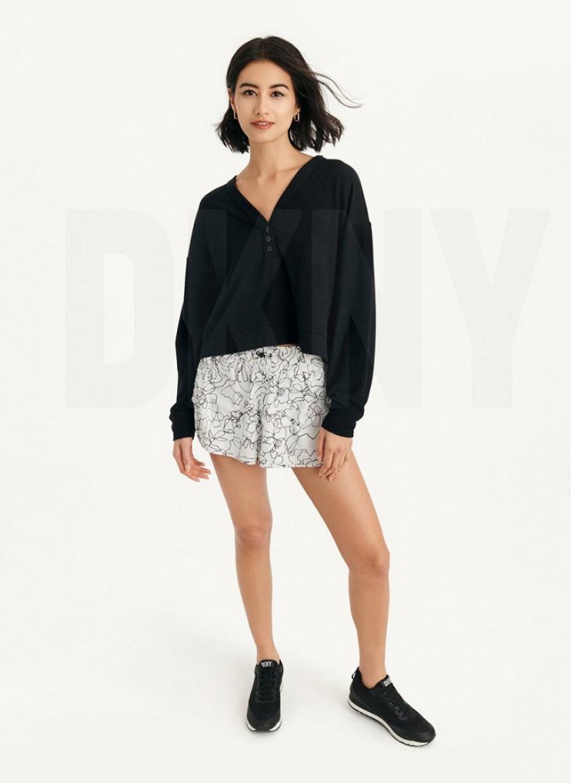Black Women's DKNY Cropped Henley Lounge Pullover Sweatshirts | Australia-D1508