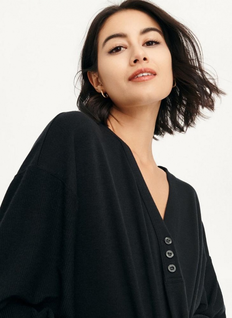 Black Women's DKNY Cropped Henley Lounge Pullover Sweatshirts | Australia-D1508