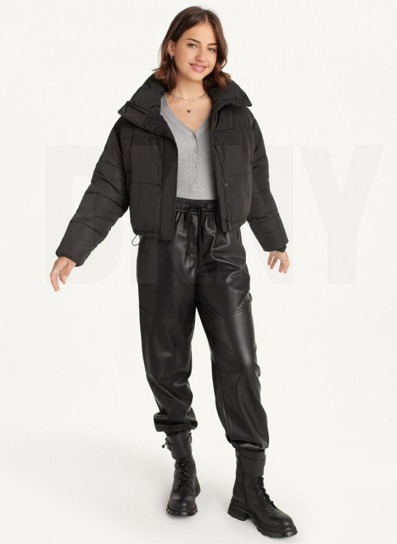 Black Women's DKNY Cropped Puffer Jacket | Australia-D1522