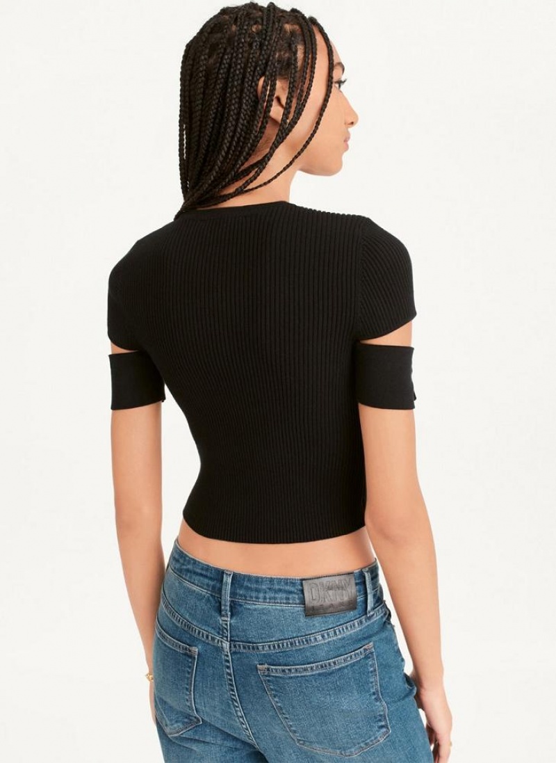 Black Women's DKNY Cut Out Knit T Shirts | Australia-D1918