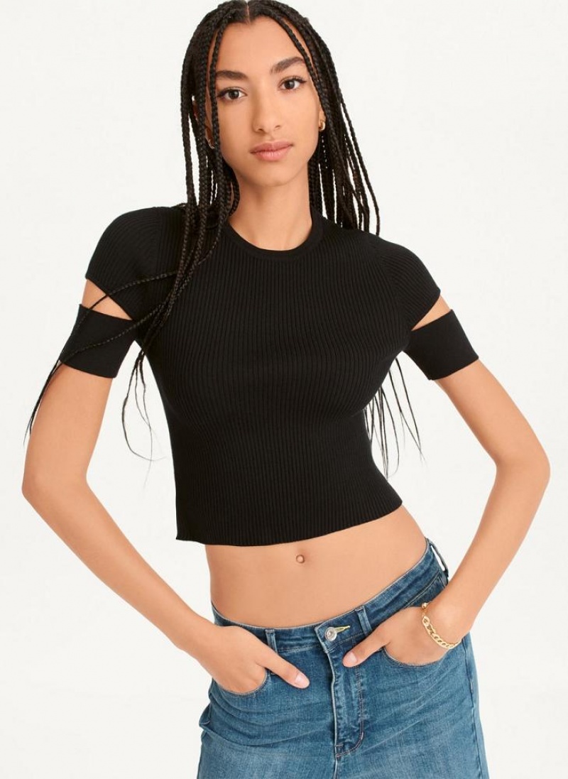 Black Women\'s DKNY Cut Out Knit T Shirts | Australia-D1918