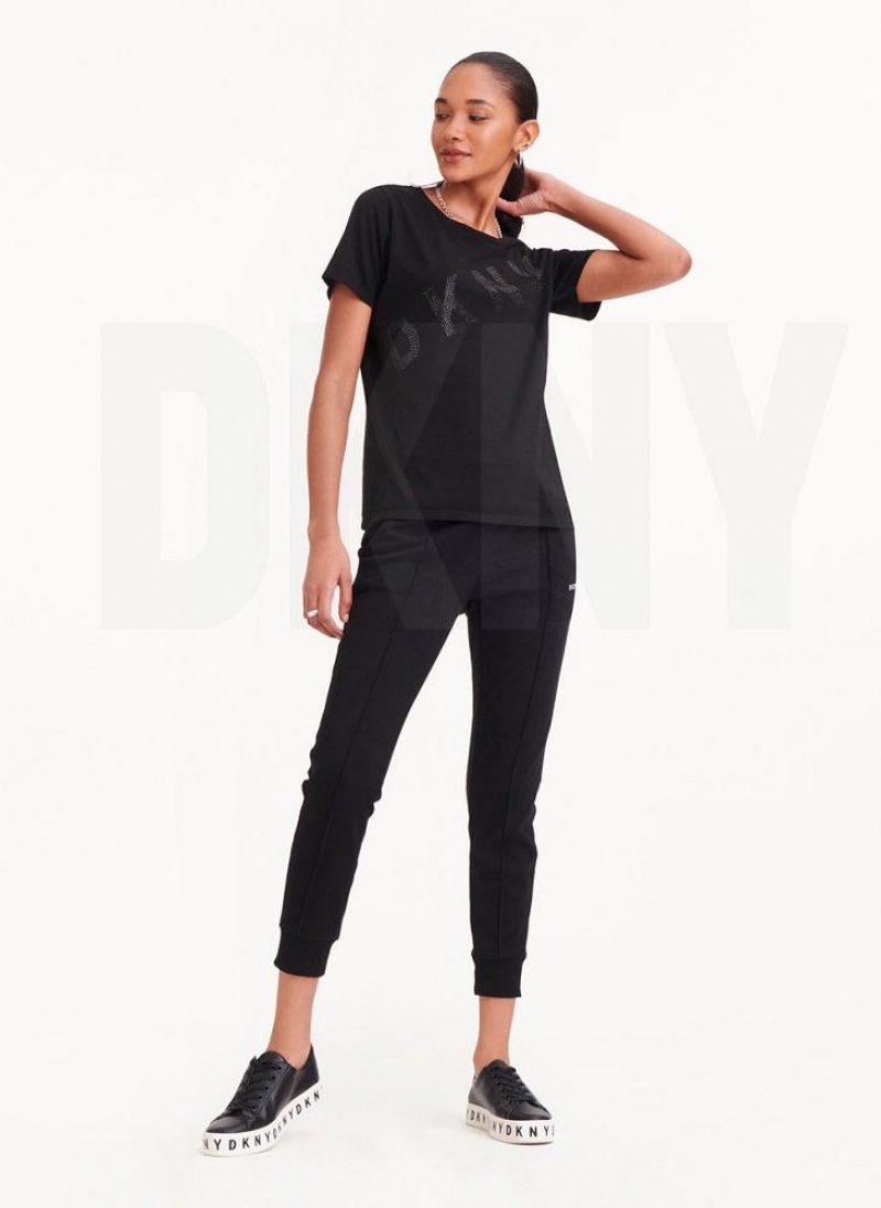 Black Women's DKNY Diagonal Rhinestone Logo T Shirts | Australia-D0664