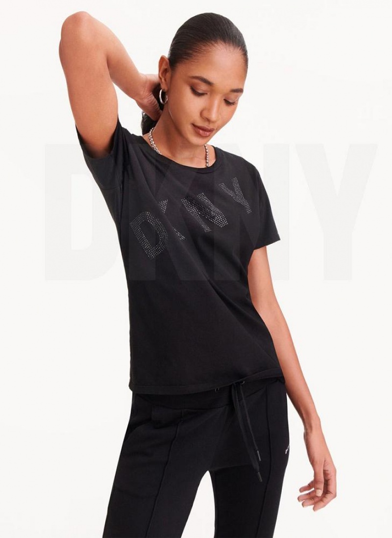 Black Women's DKNY Diagonal Rhinestone Logo T Shirts | Australia-D0664