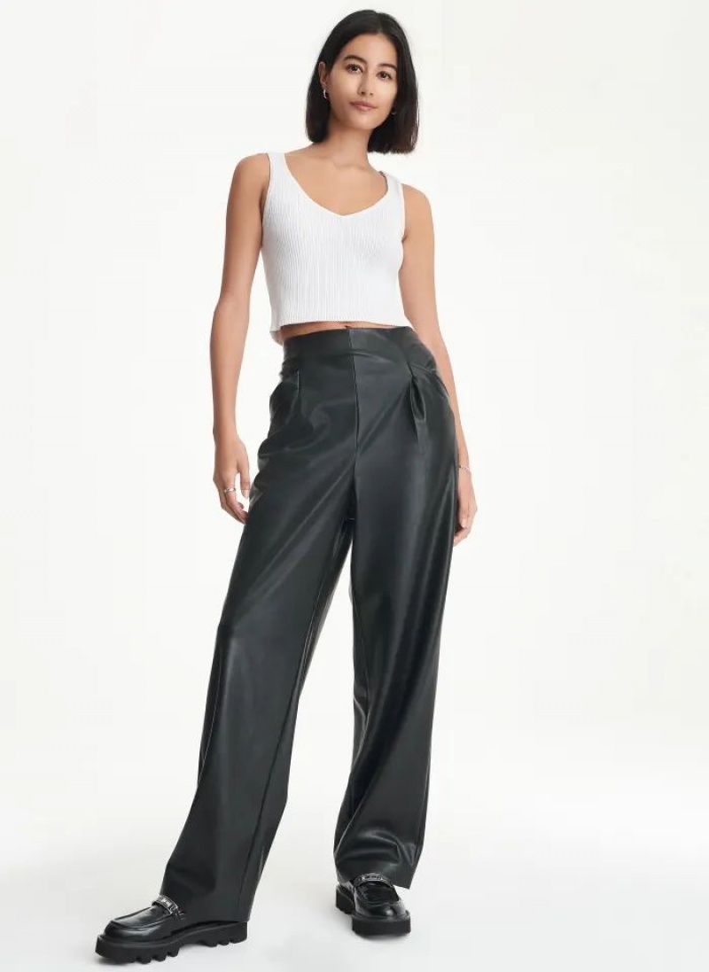 Black Women's DKNY Elastic Rib Waist Faux Leather Pants | Australia-D0602