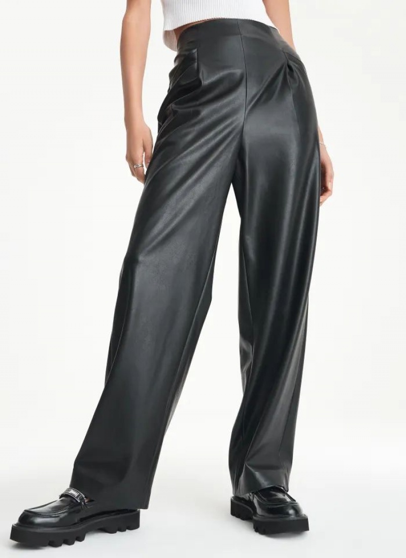 Black Women\'s DKNY Elastic Rib Waist Faux Leather Pants | Australia-D0602