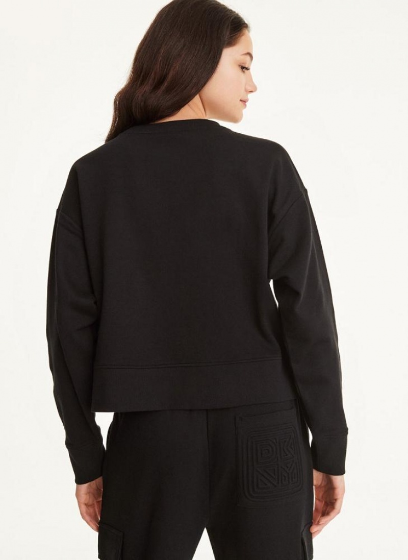 Black Women's DKNY Embossed Logo Crewneck Sweatshirts | Australia-D0515
