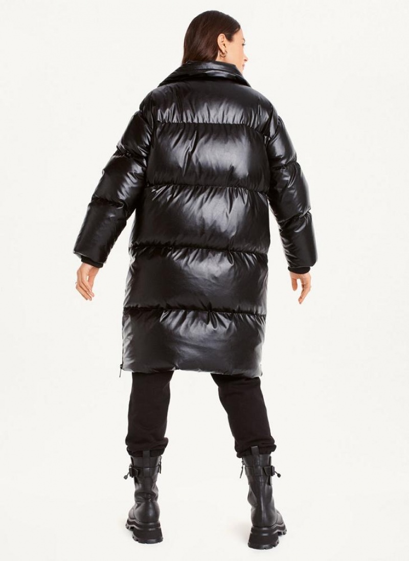 Black Women's DKNY Faux Leather Long Puffer Coats | Australia-D0833