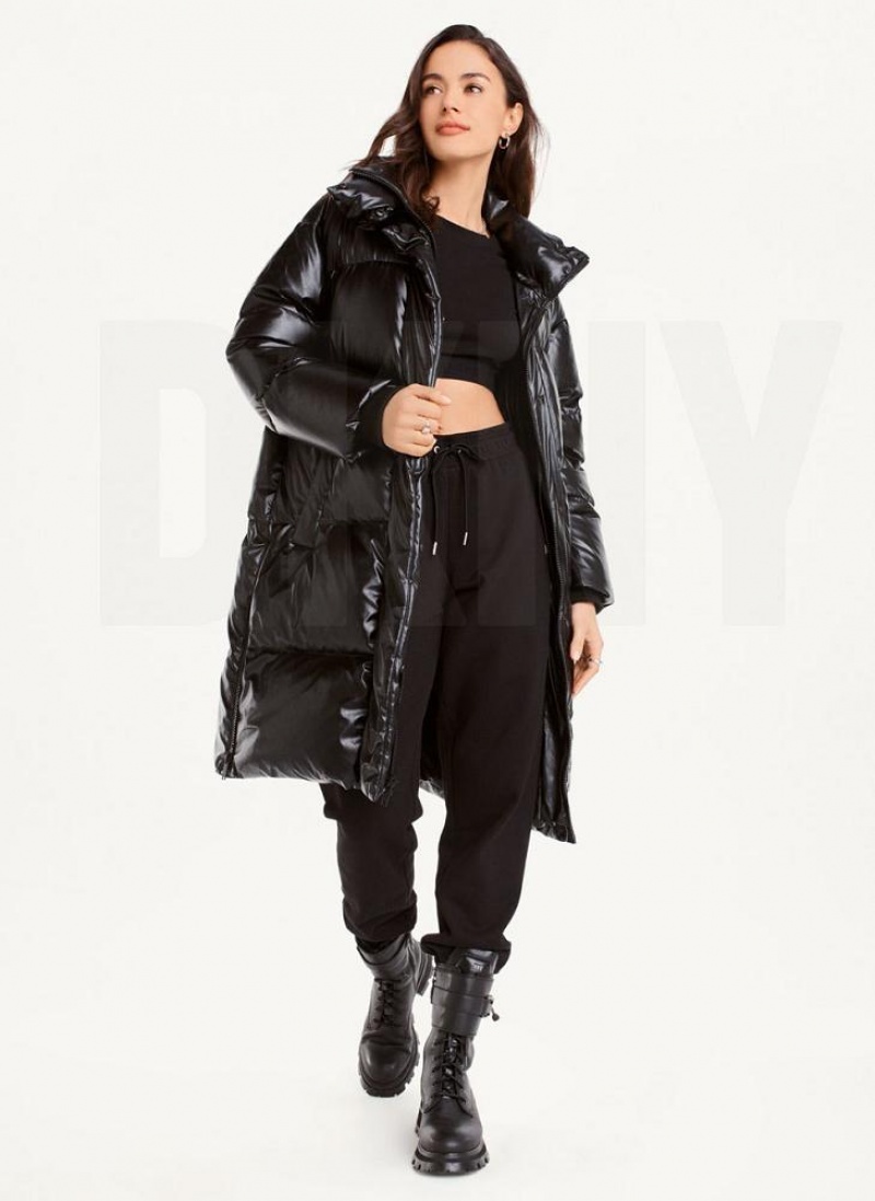 Black Women's DKNY Faux Leather Long Puffer Coats | Australia-D0833