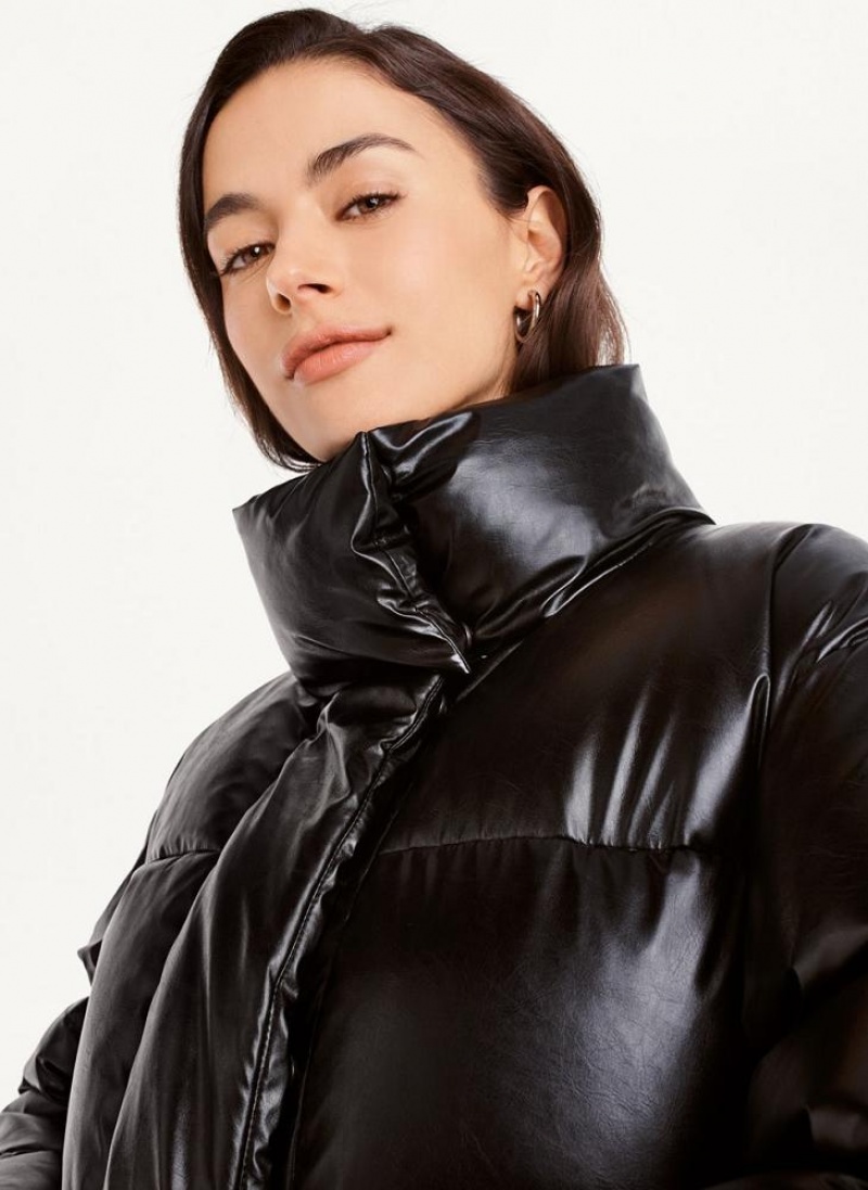 Black Women's DKNY Faux Leather Long Puffer Coats | Australia-D0833