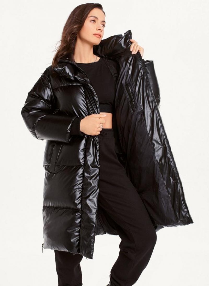 Black Women's DKNY Faux Leather Long Puffer Coats | Australia-D0833