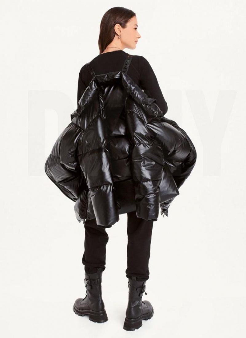 Black Women's DKNY Faux Leather Long Puffer Coats | Australia-D0833