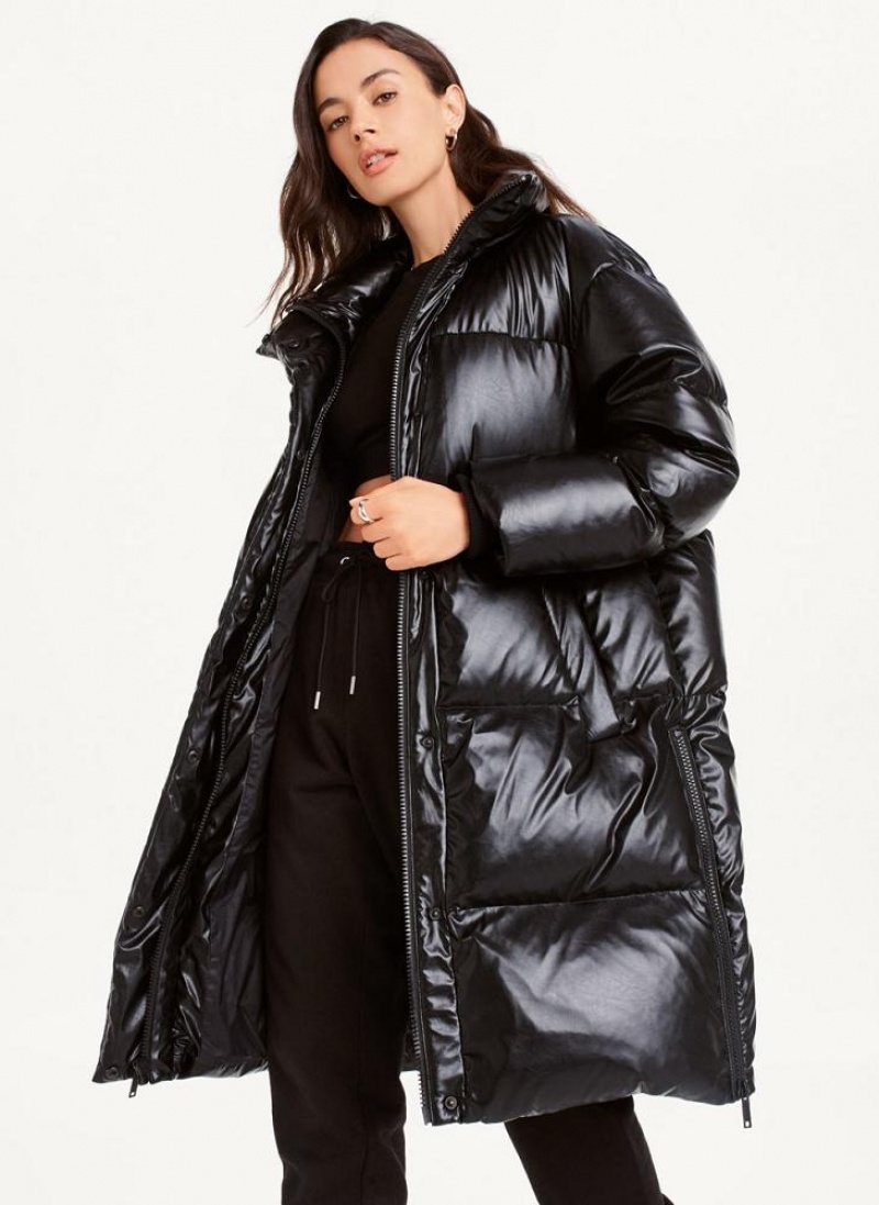 Black Women\'s DKNY Faux Leather Long Puffer Coats | Australia-D0833