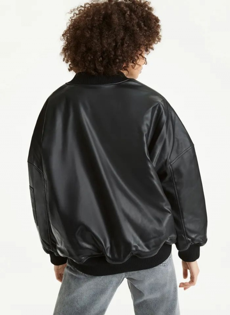 Black Women's DKNY Faux Leather Oversized Bomber Jackets | Australia-D1537