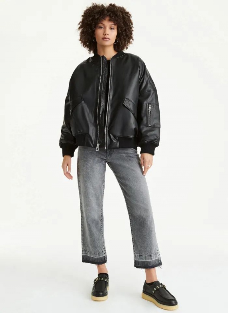 Black Women's DKNY Faux Leather Oversized Bomber Jackets | Australia-D1537