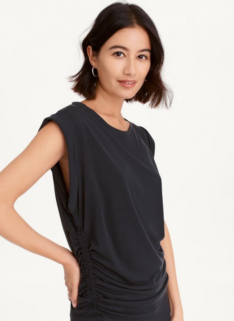 Black Women's DKNY Flange Sleeve With Side Ruching Tank Tops | Australia-D1007