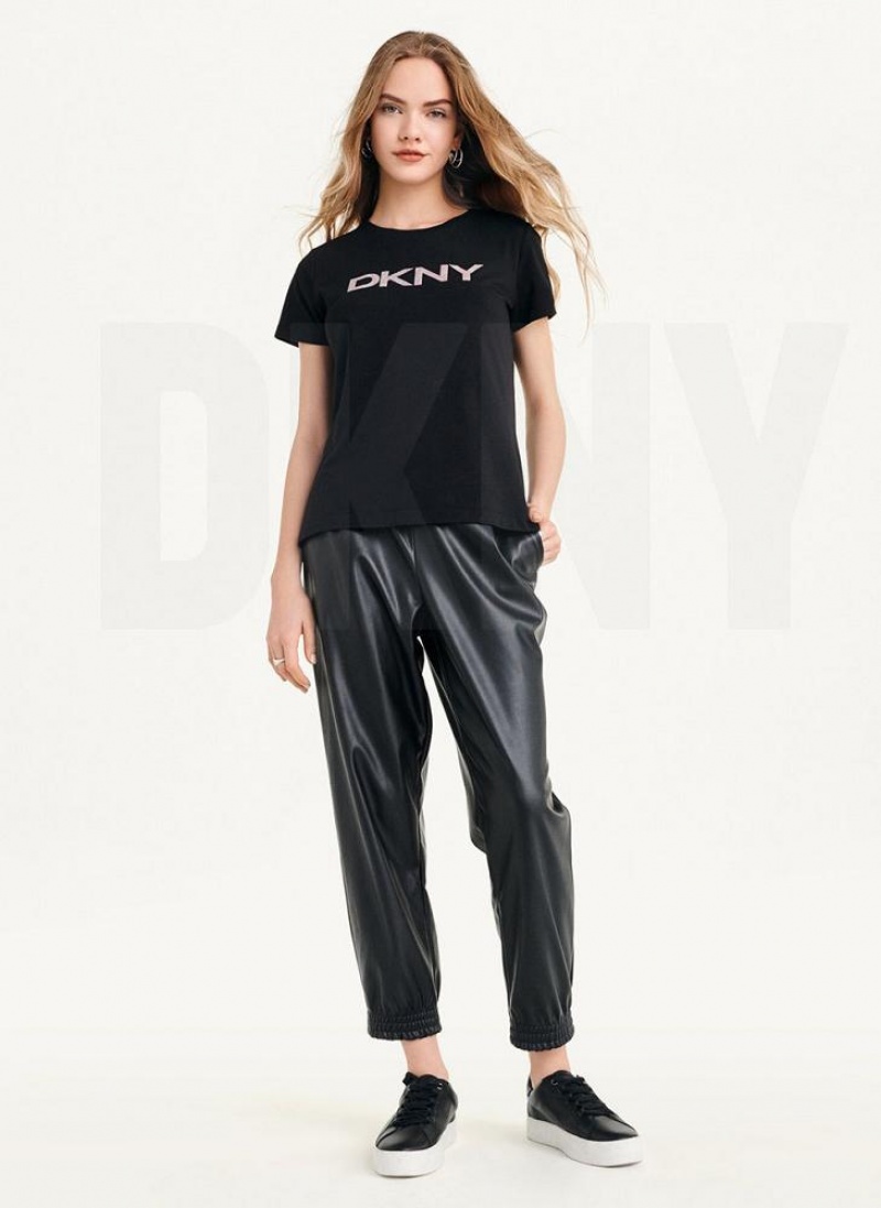 Black Women's DKNY Glitter Logo T Shirts | Australia-D1258
