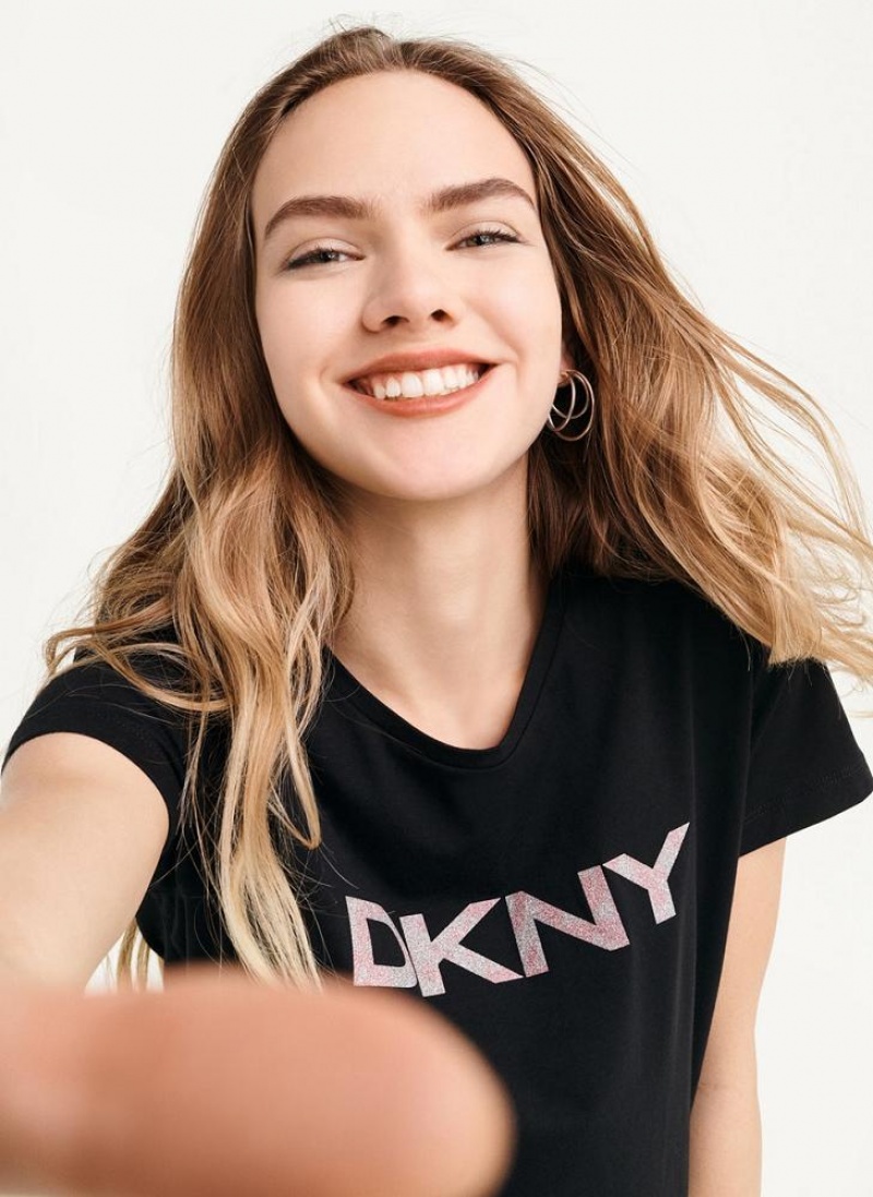 Black Women's DKNY Glitter Logo T Shirts | Australia-D1258