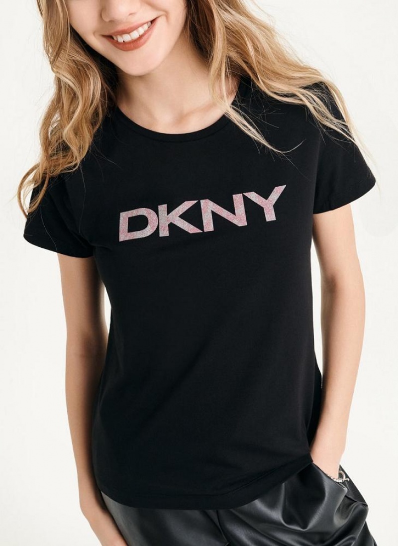 Black Women's DKNY Glitter Logo T Shirts | Australia-D1258
