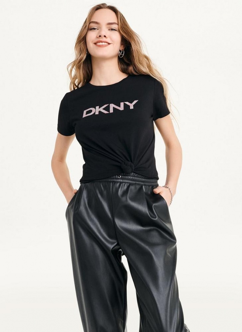 Black Women's DKNY Glitter Logo T Shirts | Australia-D1258