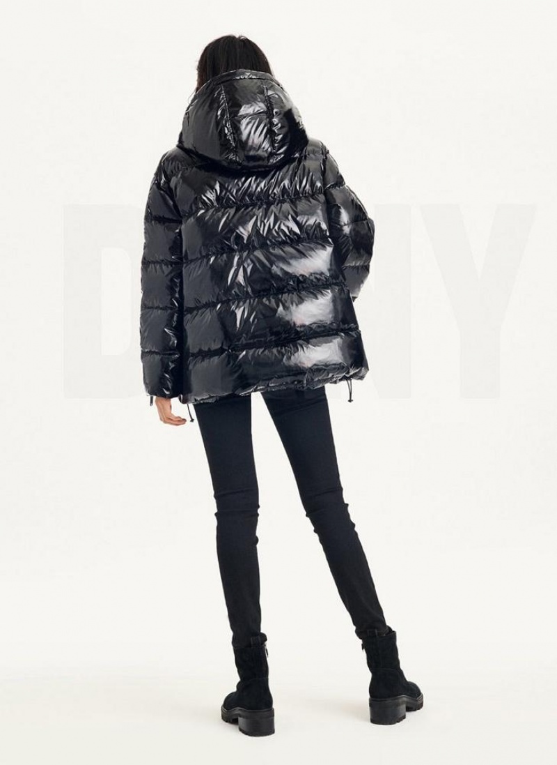 Black Women's DKNY Glossy Oversized Puffer Jacket | Australia-D1454