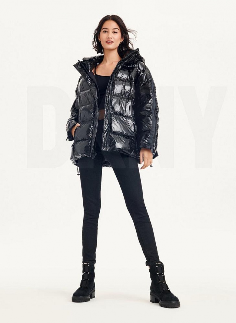 Black Women's DKNY Glossy Oversized Puffer Jacket | Australia-D1454