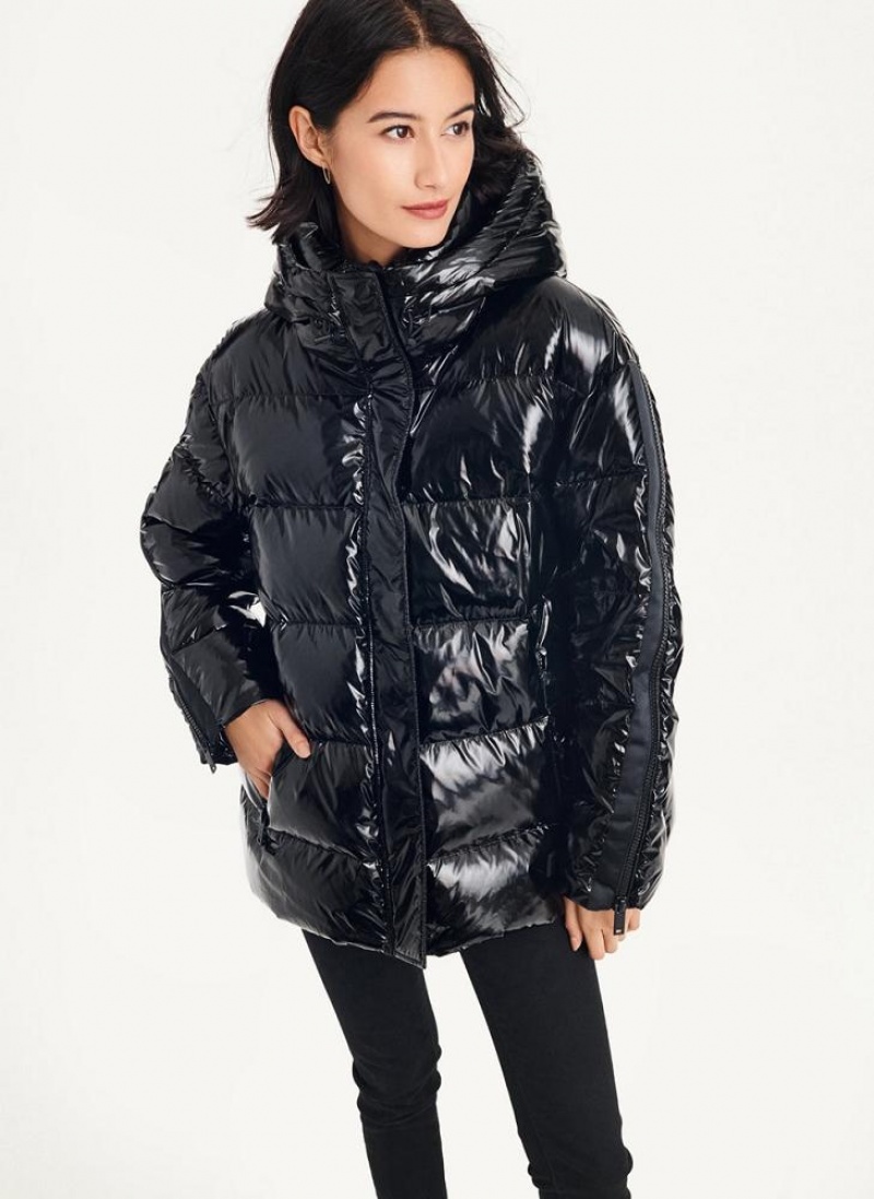 Black Women's DKNY Glossy Oversized Puffer Jacket | Australia-D1454