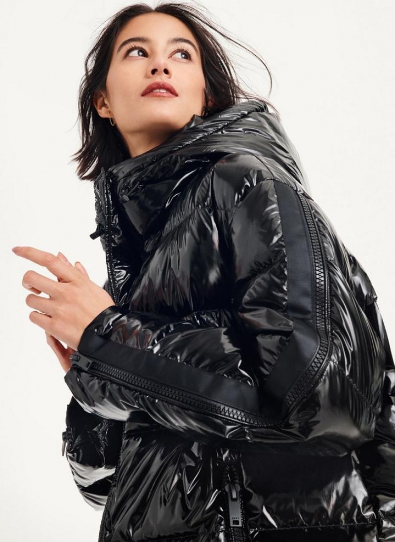 Black Women's DKNY Glossy Oversized Puffer Jacket | Australia-D1454