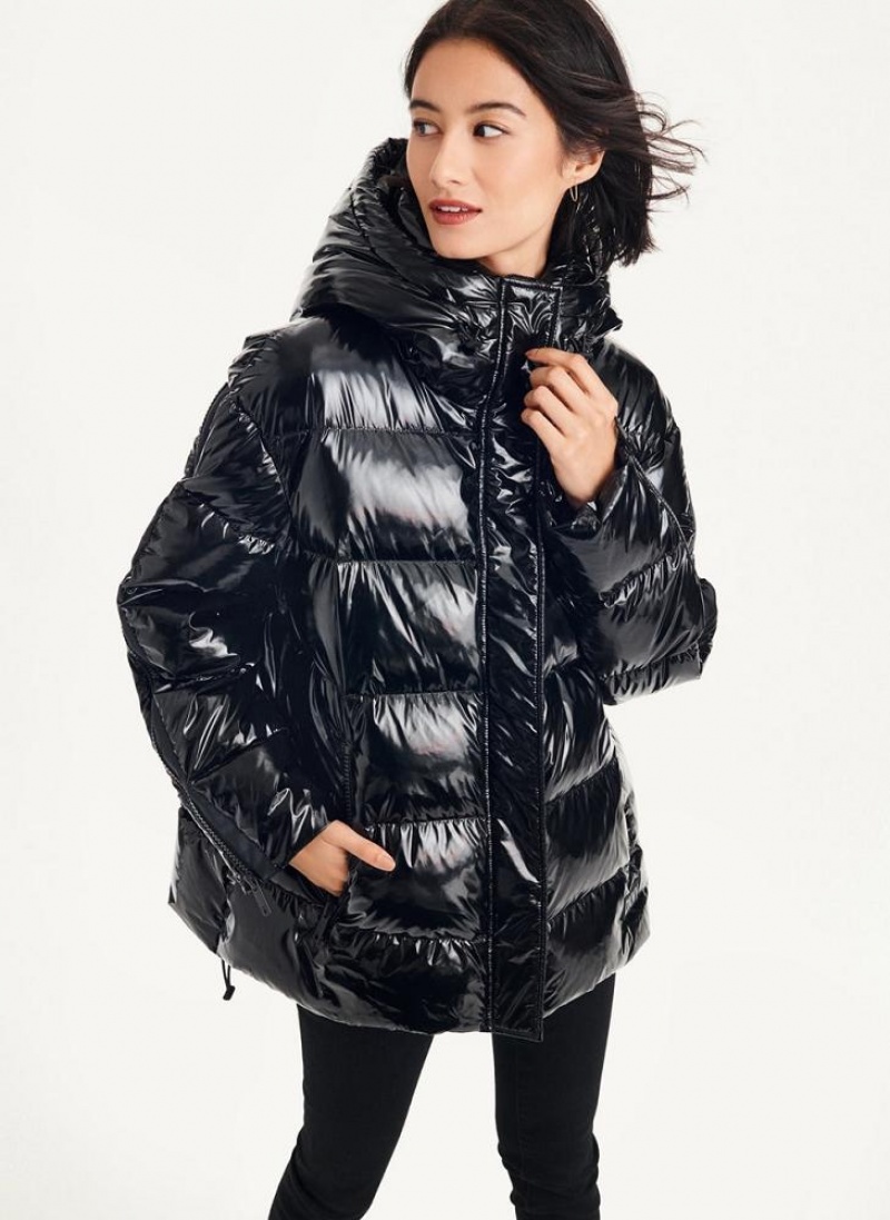 Black Women\'s DKNY Glossy Oversized Puffer Jacket | Australia-D1454