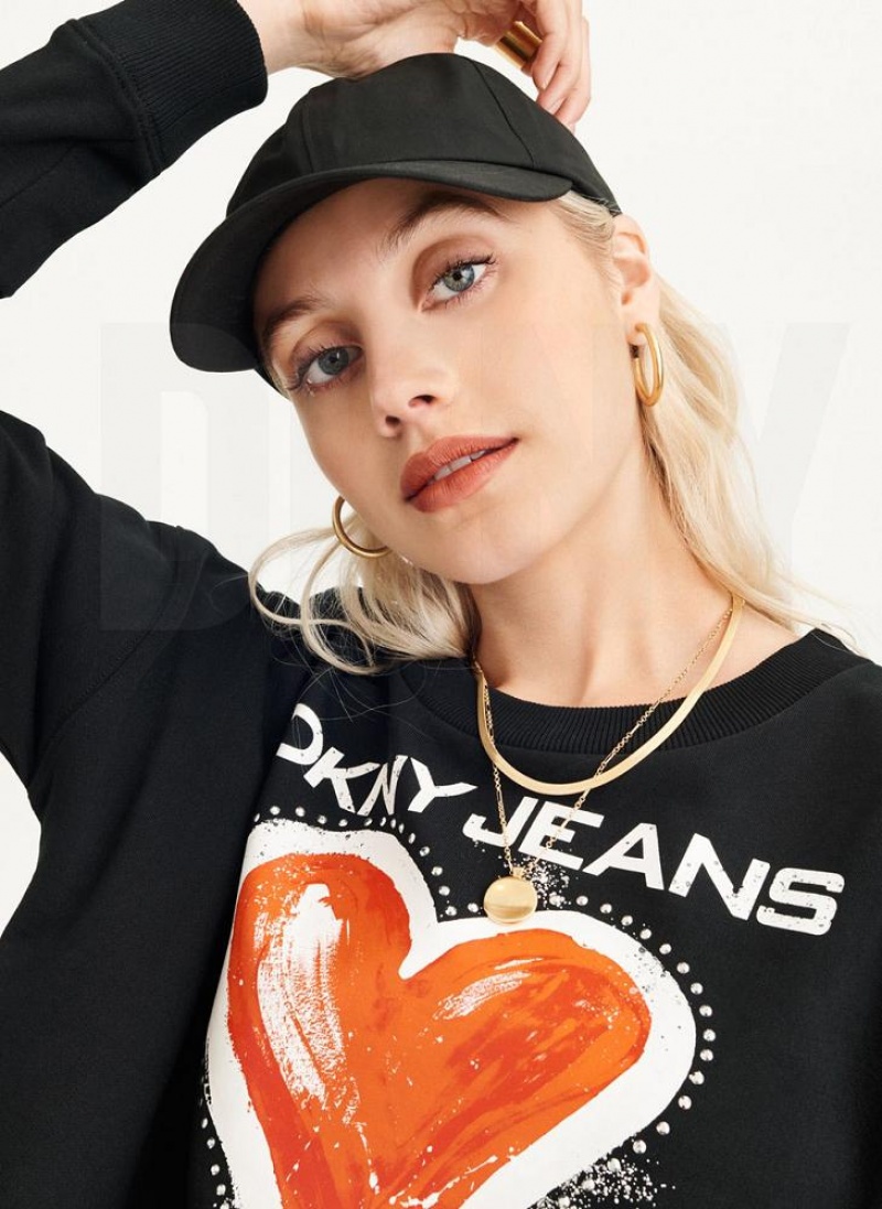 Black Women's DKNY Graffiti Heart Cold Pigment Dyed Sweatshirts | Australia-D0337