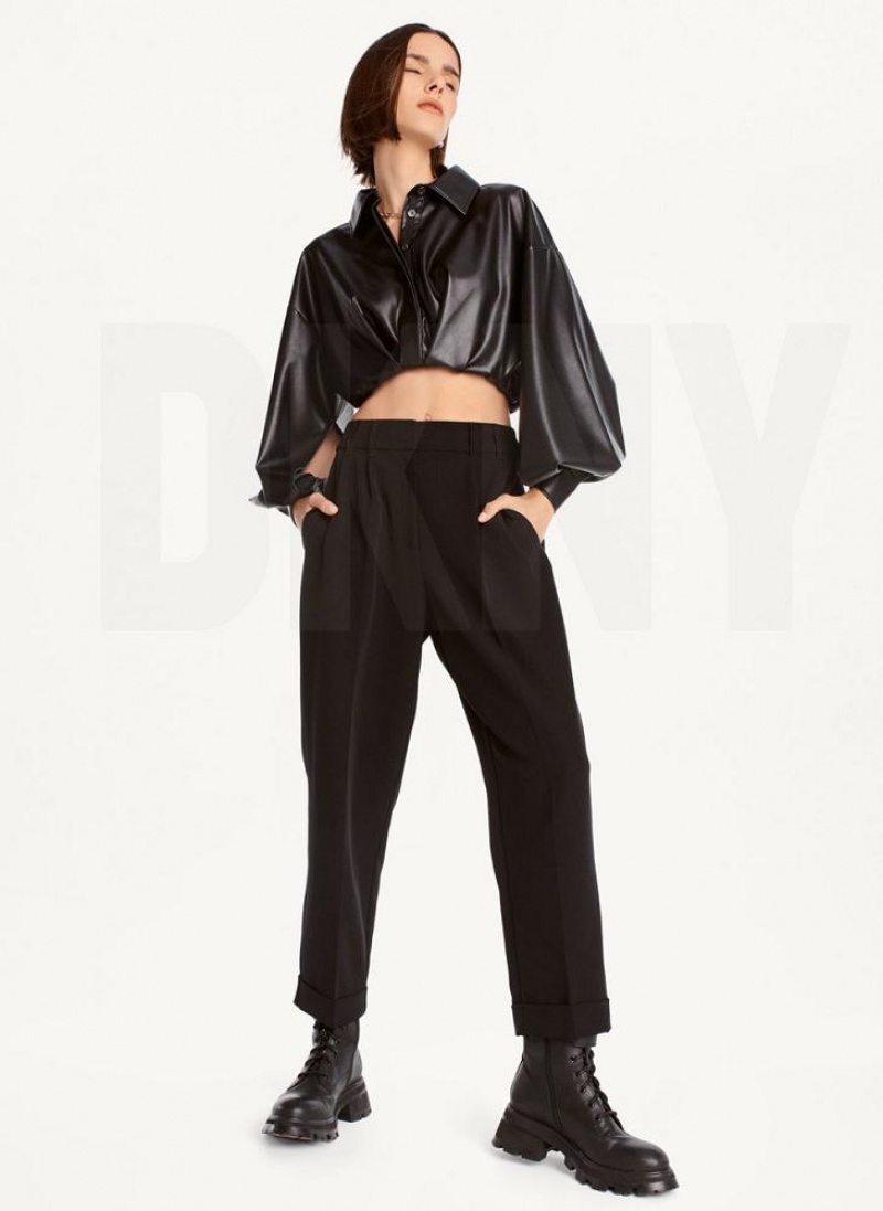 Black Women's DKNY High Rise Pleat Rolled Cuff Pants | Australia-D1284