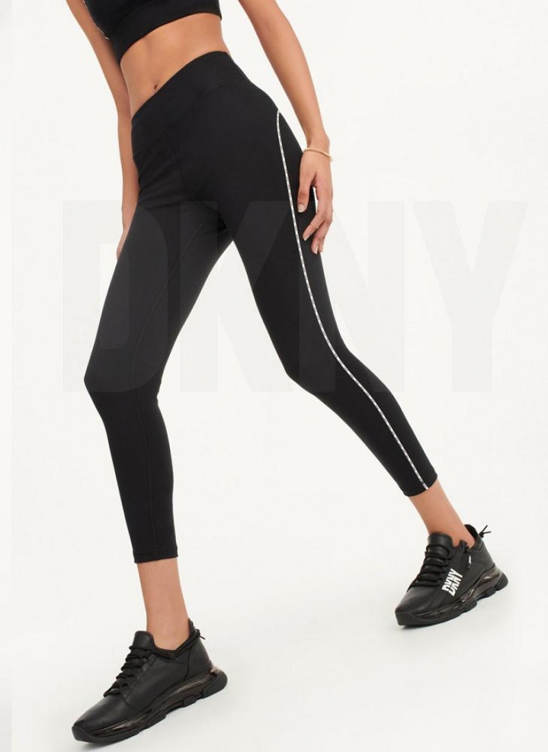 Black Women's DKNY High Waisted with Logo Piping Leggings | Australia-D0222