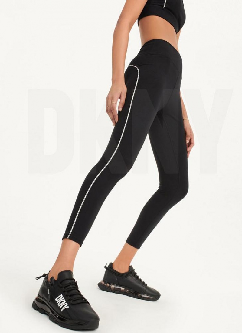 Black Women\'s DKNY High Waisted with Logo Piping Leggings | Australia-D0222