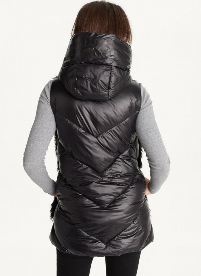 Black Women's DKNY Hooded Puffer Vest With Faux Fur Front Coats | Australia-D1307