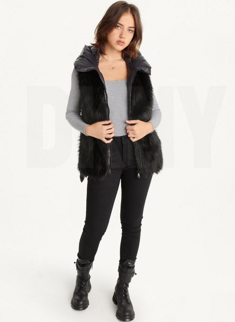 Black Women's DKNY Hooded Puffer Vest With Faux Fur Front Coats | Australia-D1307