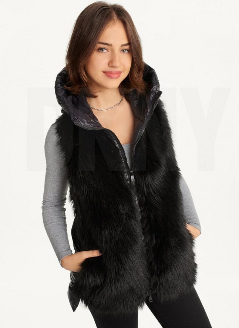 Black Women\'s DKNY Hooded Puffer Vest With Faux Fur Front Coats | Australia-D1307