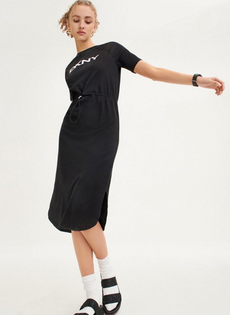 Black Women's DKNY Logo Drawstring Waist Dresses | Australia-D1368